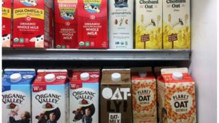 A grocery shelf of milks and milk alternatives