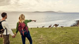 A tourist couple point to kangaroos near water