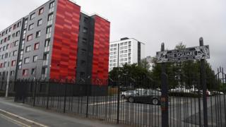A general view shows a development containing the residential blocks Beech Court, Malus Court, Salix Court and Hornbeam Court run by Pendleton Together in the Pendleton area of Salford