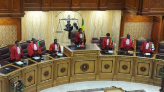 President of Gabonese Constitutional Court Marie-Madeleine Mborantsuo (C) takes her seat ahead of hearing in Libreville on September 22, 2016.
