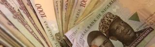 man holds handful of 1,000 naira banknotes