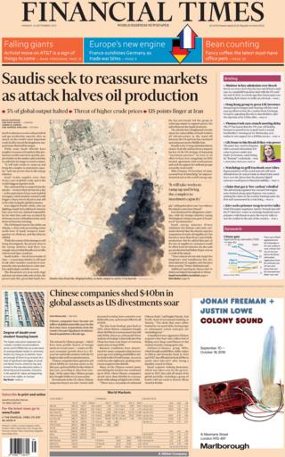 Front page of the Financial Times on 16 September 2019