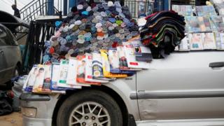 Underwear displayed for sale on the bonnet of a vehicle parked along a road in Ikeja district in Nigeria's commercial capital Lagos 4 July