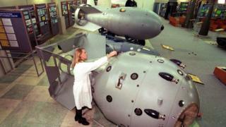 Mock-up of a Soviet nuclear bomb exposed in the museum of the Sarov factory