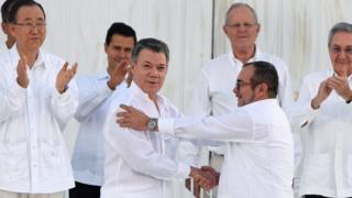 O presidente da Colômbia, Juan Manuel Santos, durante cerimônia de assinatura do acordo de paz, em Cartagena