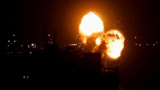 Smoke and flames rising during Israeli air strikes on Gaza