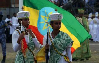 Ethiopian Christian believers, wearing traditional clothes, celebrate the Meskel Festival, commemorating the discovery of the True Cross by the Roman Empress Helena (Saint Helena) in the fourth century in Addis Ababa, Ethiopia on September 26, 2018. Thousands of Christian Orthodoxes gathered with their traditional white clothes.