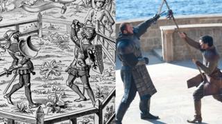 Montagem com cena de combate em 'Game of Thrones' e ilustração de julgamento por combate em tempos medievais