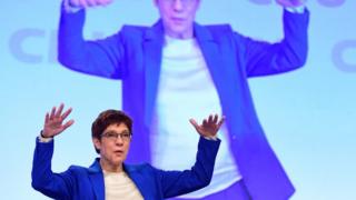 Annegret Kramp-Karrenbauer reacts to applause after her speech during the congress of the Christian Democratic Union (CDU) in Leipzig