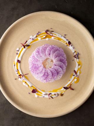 Halibut and radish arranged on a plate in circles
