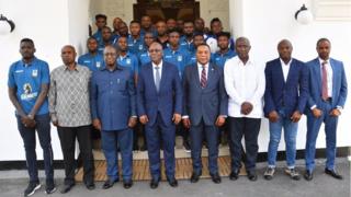 President Magufuli, Coach Emmanuel Ammunike and di Taifa Stars wey be senior national football team of Tanzania