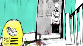 Иллюстрация - мальчик, выходящий из дома с PE комплектом, оставленным в дверях