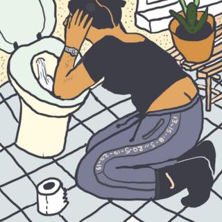 A drawing of Monique getting sick in the toilet