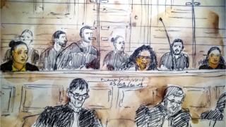 A court sketch during the trial of five women on charges of an alleged plot to detonate a car bomb in front of Paris's Notre-Dame cathedral