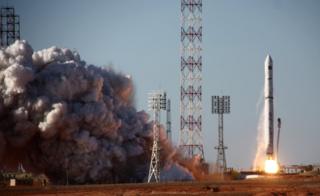 A rocket carrying the Spektr-R radio astronomy observatory takes off in space on 18 July 2011