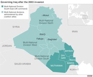 Map showing Iraq after 2003 invasion, with British areas of administration in the south-east highlighted