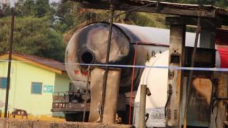 A burnt gas tanker.