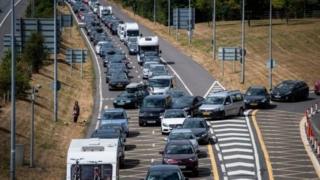 Traffic queued up on the approach to the Eurotunnel terminal in Kent