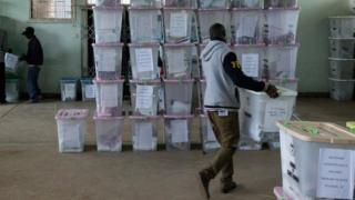 IEBC officers inspect ballot boxes at the Mathare tallying centre to verfiy the authenticity of the final votes from Kenya"s general election in Nairobi, Kenya, 09 August 2017.