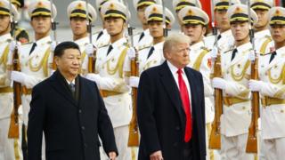 US President Donald Trump participates in a welcoming ceremony with Chinese President Xi Jinping on November 9, 2017 in Beijing, China.