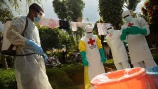 A safe burial team deserving of the Red Cross (SDB) responds to an alert to the Ebola virus in the DRC