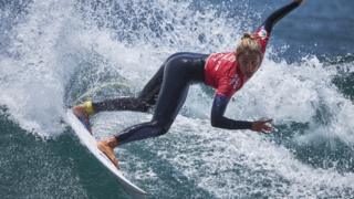 Dakar, Senegal, 30 March - Spain's Nadia Erostarbe competes in the women's final during the final day of the World Surf League - Senegal Pro at Surfers Paradise beach.