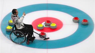 Slovakia's Radoslav Duris competes in the Wheelchair Curling Round Robin Session
