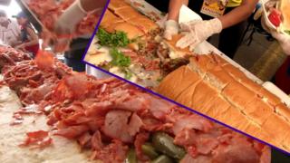 Two pictures showing the sandwich filling and someone cutting it.