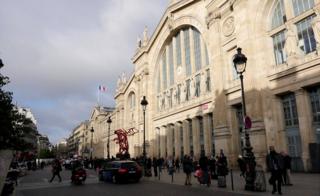 The historic facade of the Gare du Nord train and metro station in Paris, December 2019