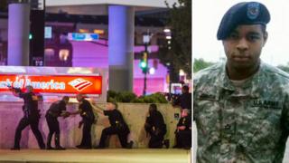 Armed police in Dallas (l) and gunman Micah Johnson