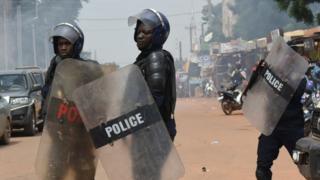 Riot police officers disperse a march called by the UAS union asking for better security measures against terrorism, on September 16, 2019 in Ouagadougou.