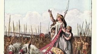 Gravura de Boudicca em sua carruagem liderando seu exército