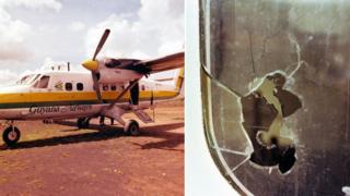 Photograph of plane after shooting and a close-up shot of window