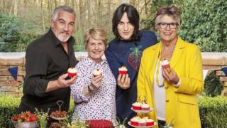 Paul Hollywood, Sandi Toksvig, Noel Fielding, and Prue Leith