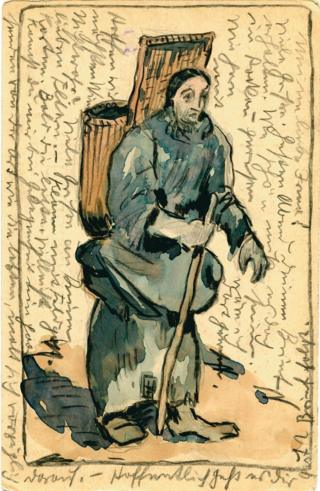 Painted postcard of a figure holding a stick