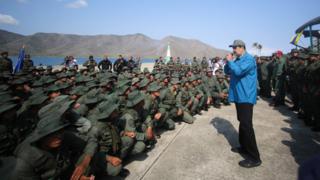 Miraflores press office shows Venezuelan President Nicolás Maduro during an event with members of the military, in Turiamo, Venezuela, 3 February 2019