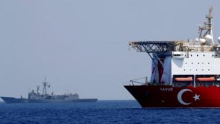 The Turkish drilling ship Yavuz is escorted by a Turkish naval vessel in the eastern Mediterranean off Cyprus