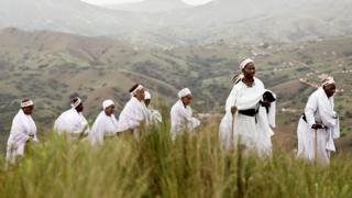 The Shembe pilgrims walking up a mountain north of Durban - Saturday 5 January 2019