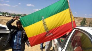 የትግራይ ህዝብ ዲሞክራስያዊ ንቅናቄ (ትህዴን) መሃከሉ ላይ የአክሱም ሃውልት ያለበት አረንጓዴ፣ ቢጫ እና ቀይ ቀለማት ያሉት ሰንደቅ ዓላማ ያውለበልባል።