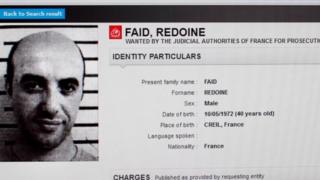   This photo taken on April 15, 2013 in Paris shows a screen shot of the Interpol website showing the wanted search notice of the French thief Redoine Faid 