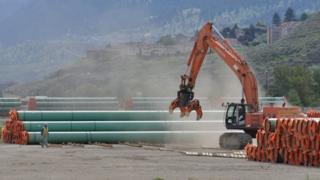Steel pipe to be used for the Trans Mountain Expansion Project at a stockpile site in British Columbia.