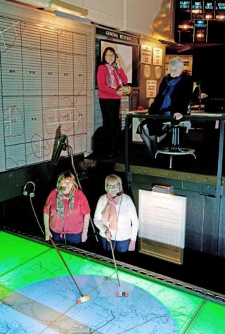 Janet Huitt, Eileen Mann, Janet Levesley, Barbara Turner in the radar operations room at Holmpton Cold War bunker