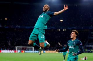 Tottenham's Lucas Moura celebrates scoring their third goal