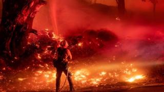 A firefighter douses flames from a backfire during the Maria fire in Santa Paula, California