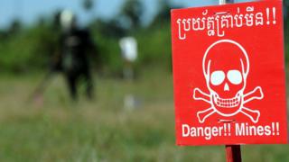 A mine warning sign in Cambodia