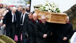he coffin of TV agony aunt Denise Robertson is carried into Sunderland Minster for her funeral