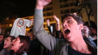 "No" supporters celebrate following their victory in the referendum on 2 October 2016 in Bogota, Colombia.