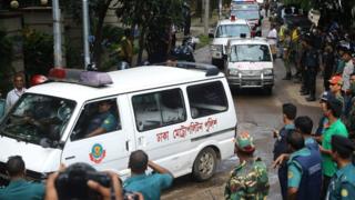 Ambulances carry bodies from the Holey Artisan Bakery in Dhaka, Bangladesh, 02 July 2016