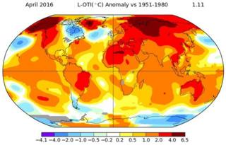 Nasa temperature map, April 2016