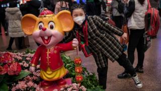 A young Chinese girl wears a protective mask as she stands next to a display celebrating the upcoming "Year of the Rat"